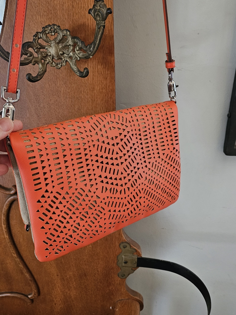 Stella & Dot Coral Laser Cut Foldover Crossbody Clutch Bag